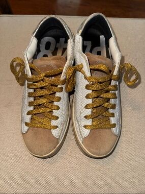 P448 Women’s White and Tan Sneakers with Gold Laces